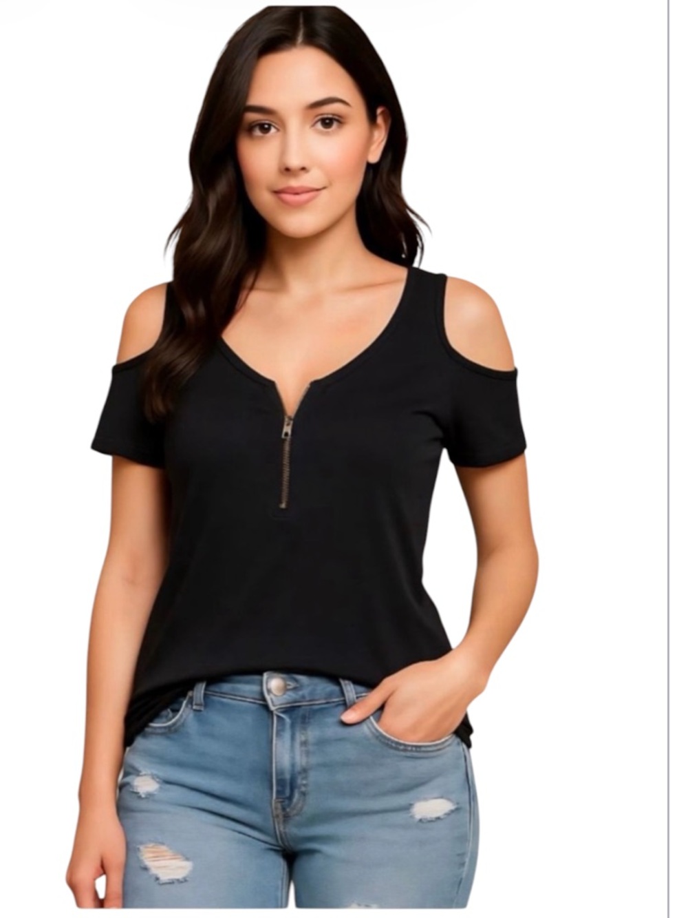 VENUS Black Cotton Stretch Cold Shoulder Zipper V-Neck Top Size 1X
